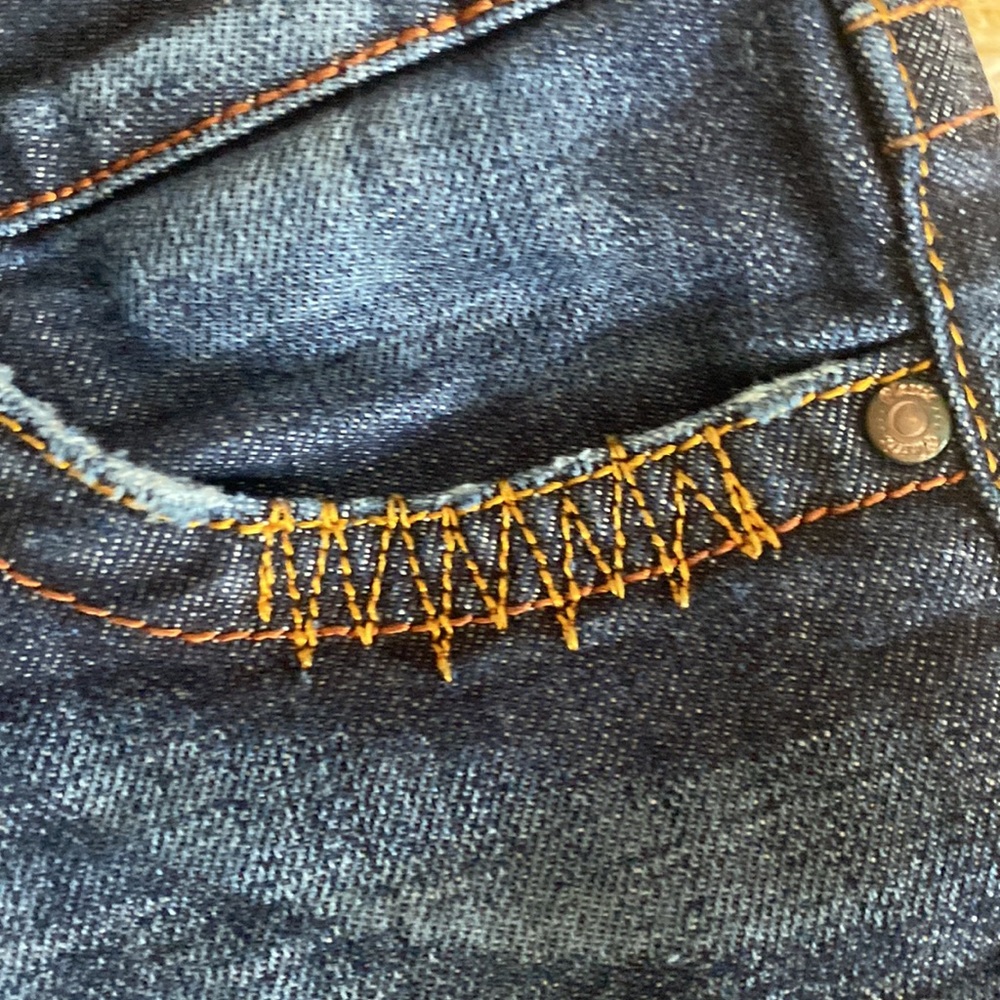 Size 3, vintage blue jeans, with tan embellishments
